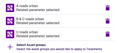 The list of selected Asset Groups, with requiring a valid Condition Parameter