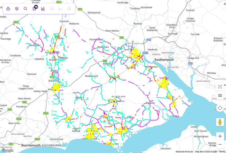 Colour-coded Treatment schemes overlaid on Network assets