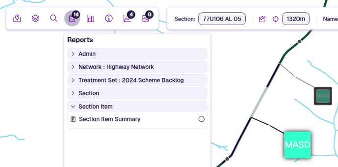 The Reports dropdown showing all available for the active Section Item