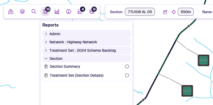 The Reports dropdown showing all available for the active Section