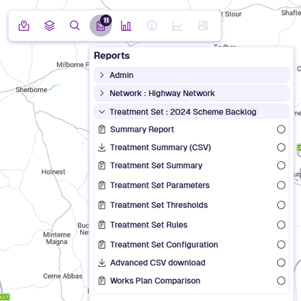The Reports dropdown showing all available for the current Treatment Set