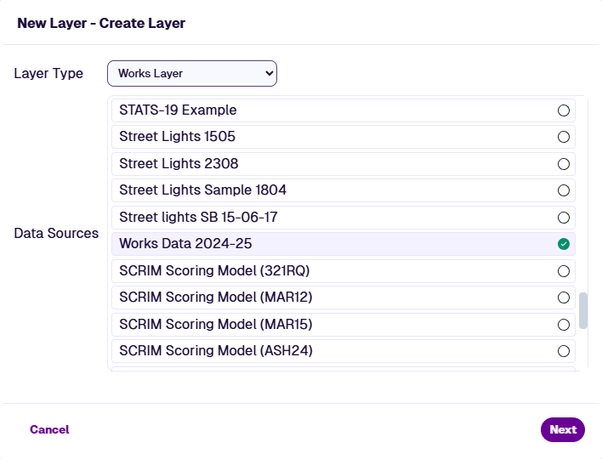 The Create Layer window with Works Layer selected, showing all Data Sources