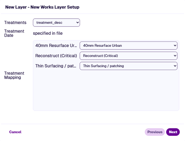 The New Works Layer Setup window showing Treatments in import data mapped to Treatments in Asset Strategy