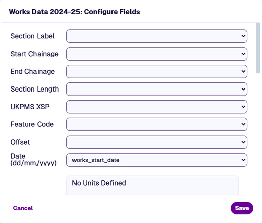 The Configure Fields window showing the Date field mapped to the corresponding import field