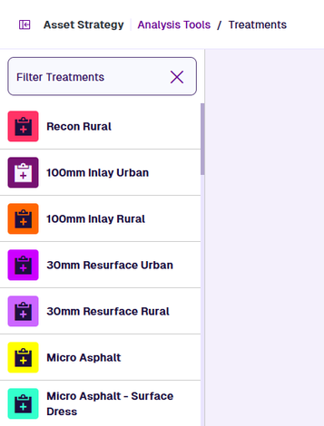 Treatments list with filter search box