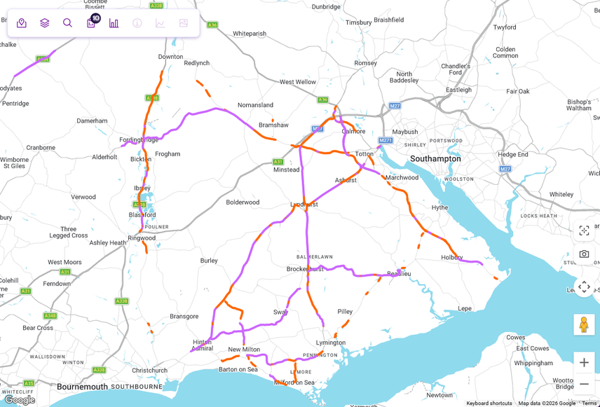 Colour-coded Treatment schemes overlaid on Network assets