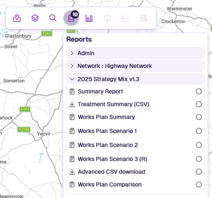 The Reports dropdown showing all available for the current Works Plan