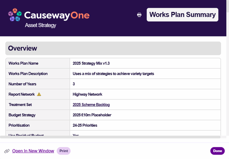 Animation showing an example Works Plan Summary Report being scrolled
