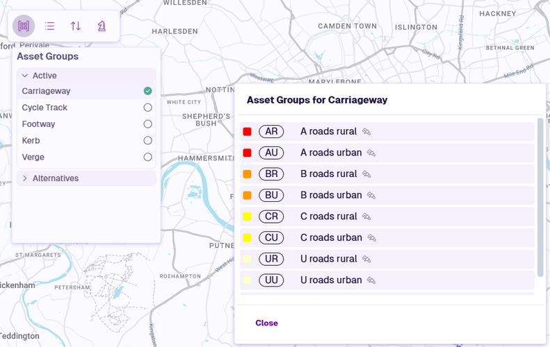 The Asset Groups panel in Explorer, showing the list of Carriageway groups