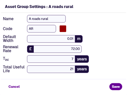 The Asset Group Settings window for the A-roads Rural group