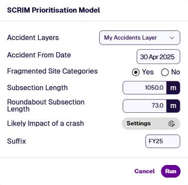 The SCRIM Prioritisation Model dialog with all configuration fields