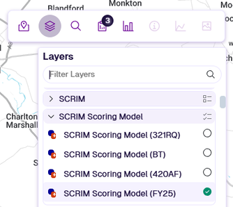 The SCRIM Scoring Model folder in the Layers panel, containing several model runs identified by suffix
