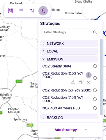The Strategies panel with a Strategy selected, showing the cog menu with Rename, Clone and Delete buttons