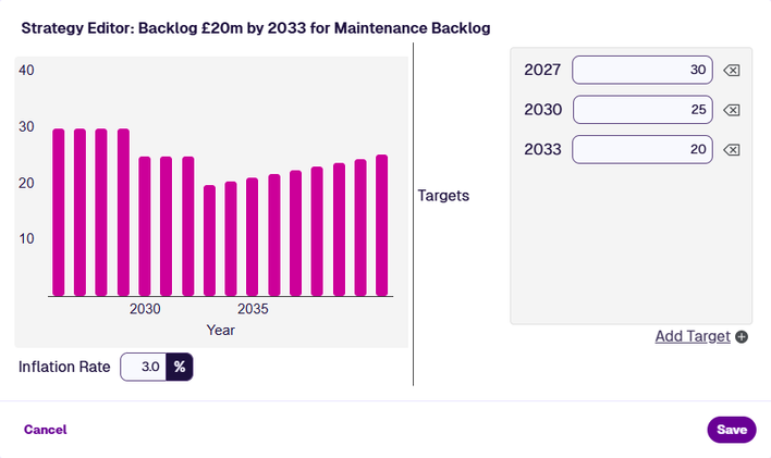 The Strategy Editor window displaying target values for selected years and a bar graph visualisation