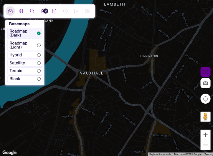 Explorer with the Roadmap-Dark basemap selected