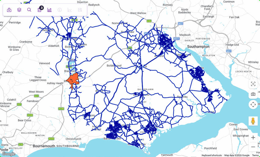 Map at Network Level, showing spatial data rendered linearly along section centrelines