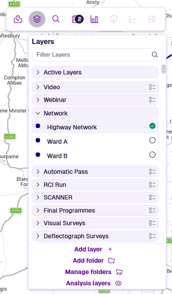 Selecting a network from the Layers panel