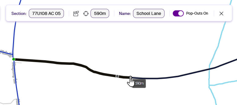 Section label and chainage shown in the top toolbar
