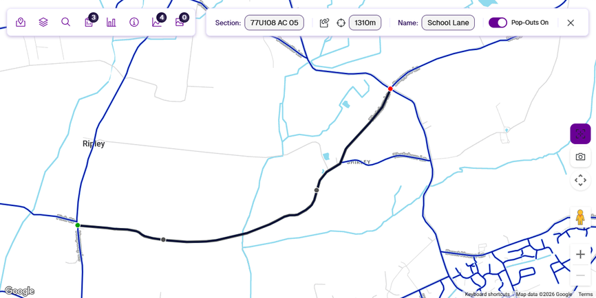 Start and end markers on a long Section, with black circles indicating the active 1000m segment