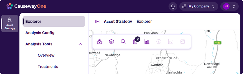 The CausewayOne sidebar with Asset Strategy highlighted and CausewayOne header with Company Switch and User Menu