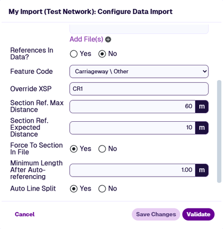 The Configure Data Import window showing the References=No settings