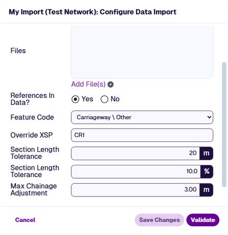 The Configure Data Import window showing the References=Yes settings