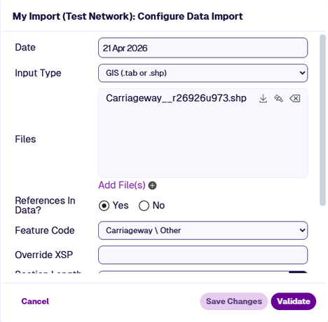 The Configure Data Import window, showing an uploaded Shapefile in the Files list