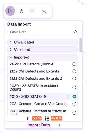 The Data Import dropdown showing Unvalidated, Validated and Imported folders, plus usage statistics
