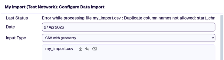 The Configure Data Import window showing a Last Status error