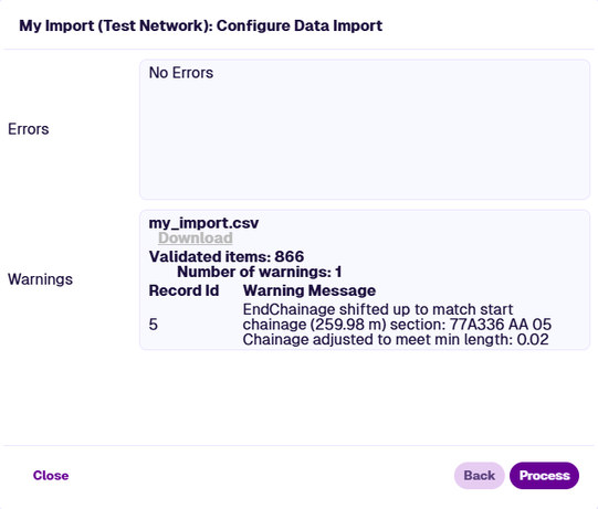 The Configure Data Import window showing errors and warnings