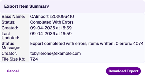 The Export Item Summary dialog displaying metadata and a download button