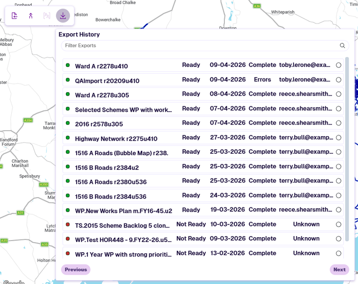 The Export History dropdown showing a list of exported datasets