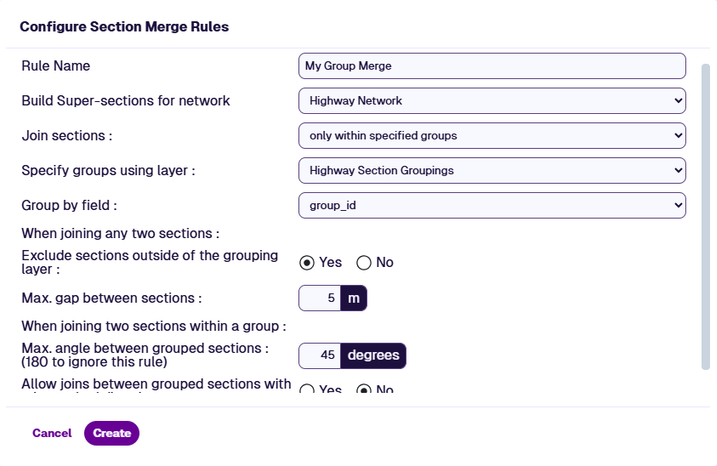 The Configure Section Merge Rules window with Group mode settings