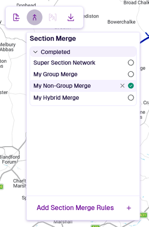 The Section Merge dropdown showing several completed merge configurations