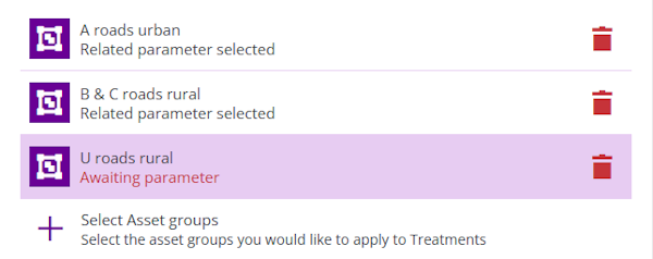 The list of selected Asset Groups, with requiring a valid Condition Parameter