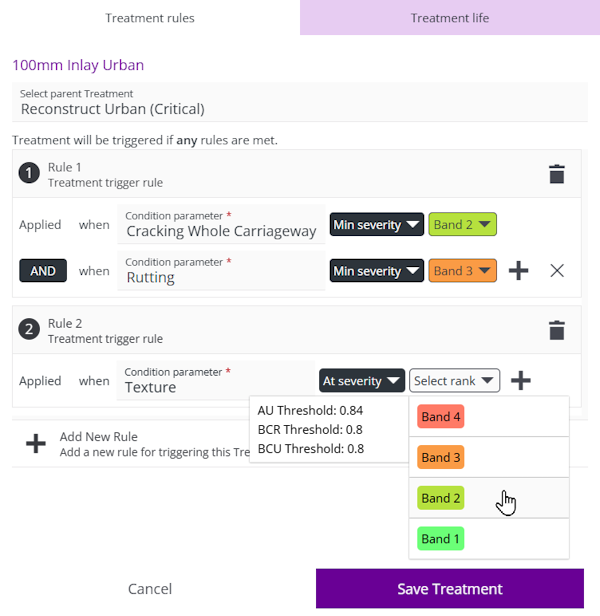 A list of trigger rules defined for a Treatment