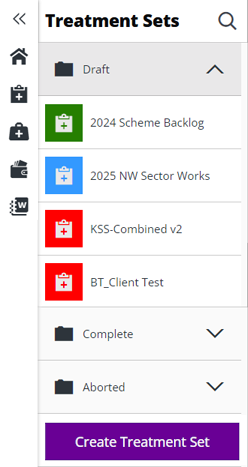 A list of draft and completed Treatment Sets