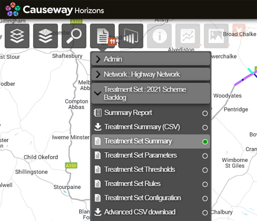 The Reports dropdown showing all available for the current Treatment Set