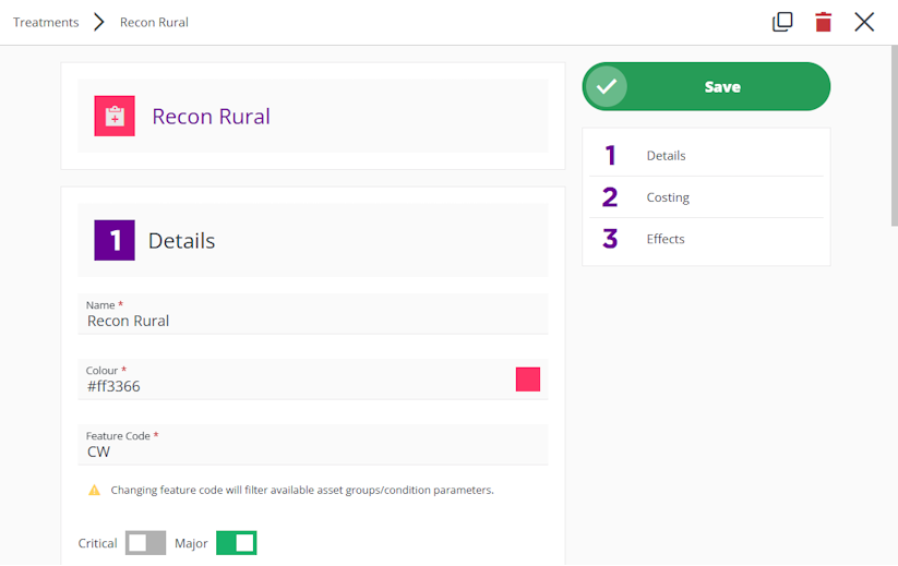 Data fields of a selected Treatment