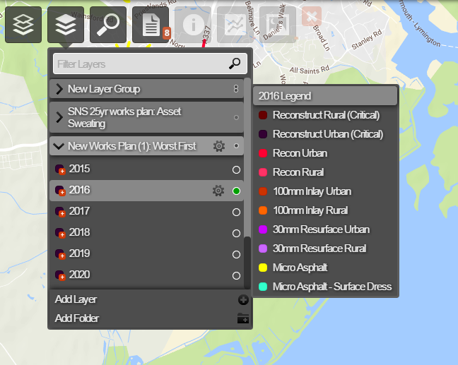 Hovering over a Works Plan Layer in the Layers dropdown to see its legend