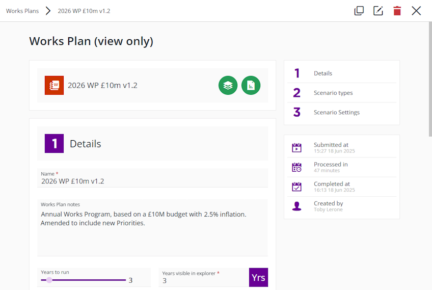 Data fields of a selected Works Plan