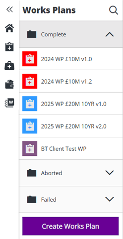 A list of draft and completed Works Plans
